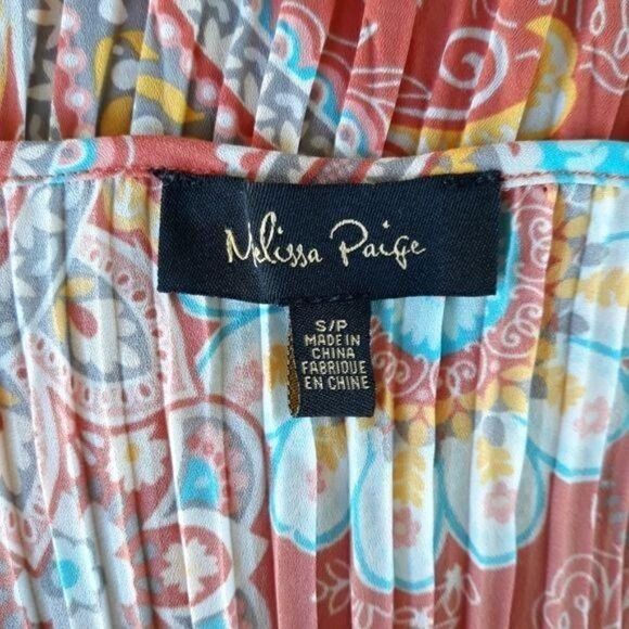 90's Pleated Paisley Print Sleeveless Keyhole Scoop Neck Blouse Coral Sz S - Picture 3 of 11
